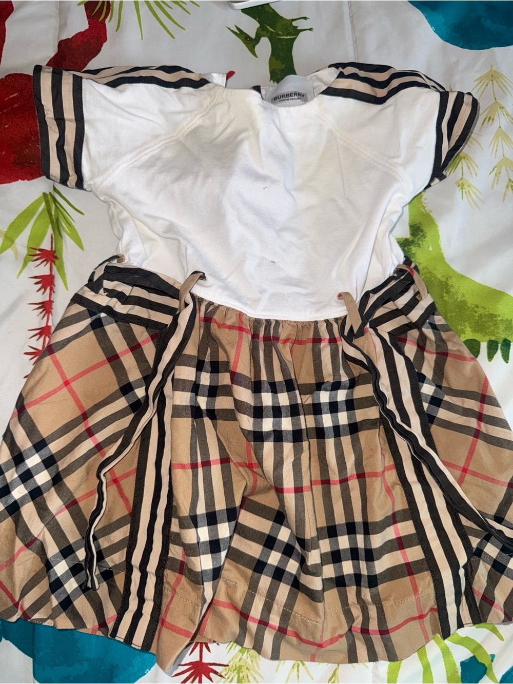 Burberry Girls White Top with Beige Vintage Check Skirt